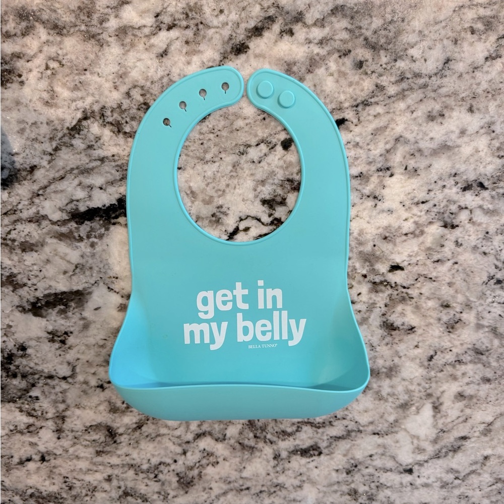 Bella Tunno “get in my belly” blue silicone bib